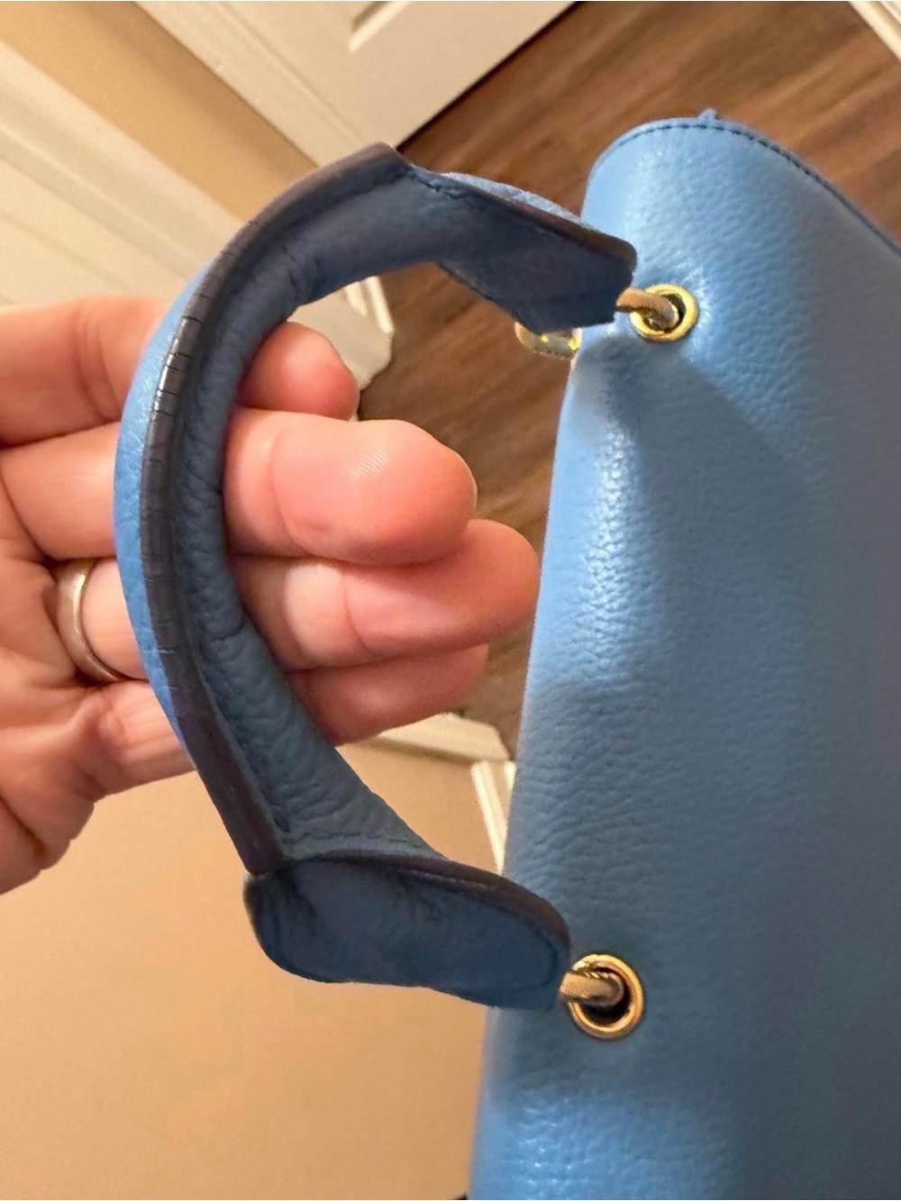MCM Blue Leather Top-Handle Satchel Bag with crossbody strap - Picture 4 of 7
